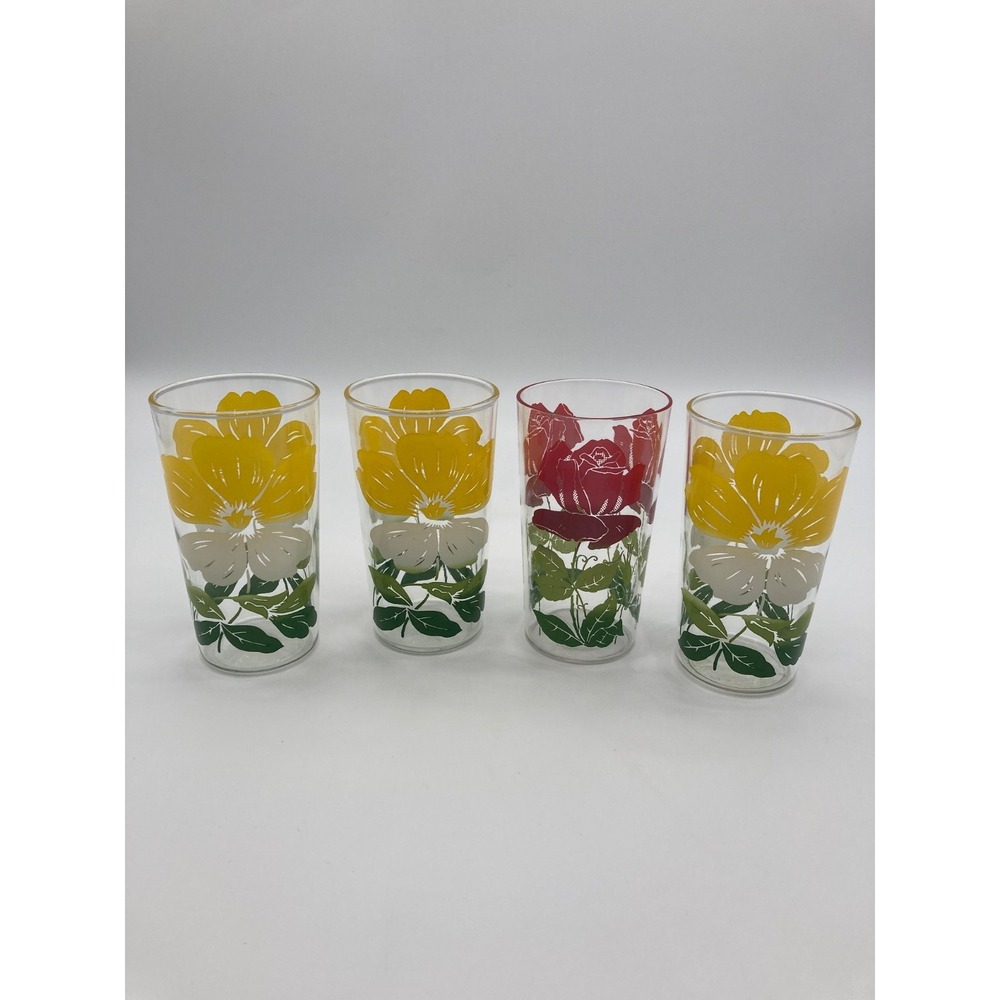 Vintage Floral Tumbler Glass Set of 4 Yellow Pansy Red Rose Drinking Glasses